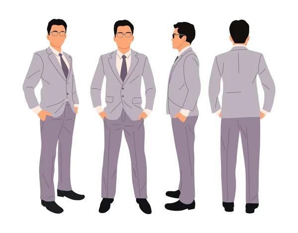ビジネスマンのキャラクターの異なるポーズのセット 正式なライトグレーのスーツを身に着けているアジアのビジネスマンは 前後のビューに立っている 白い背景に切り取られたベクトル現実的なイラスト — ストックベクタ