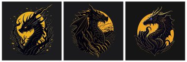 Japanese dragons set. Ancient Asian traditional animal. Chinese New Year zodiac sign, bright gold dragon and moon silhouettes on black background, 2024 Horoscope, decor elements. Vector illustrations. clipart