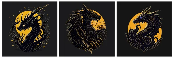 stock vector Japanese dragons set. Ancient Asian traditional animal. Chinese New Year zodiac sign, bright gold dragon and moon silhouettes on black background, 2024 Horoscope, decor elements. Vector illustrations.
