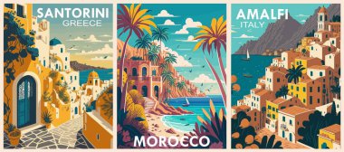 Geçmişe Yolculuk Gidiş Posterleri seti. Santorini Yunanistan, Fas, Amalfi Sahili İtalya baskıları. Avrupa yaz tatili, tatil konsepti. Vintage vektör renkli çizimler.