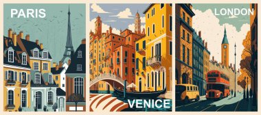 Geçmişe Yolculuk Gidiş Posterleri seti. Paris, Fransa, Londra, İngiltere, Venedik, İtalya baskıları. Avrupa yaz tatili, tatil konsepti. Vintage vektör renkli çizimler.