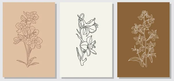 Ensemble Illustrations Vectorielles Art Ligne Fleur Larkspur Delphinium Croquis Botanique — Image vectorielle