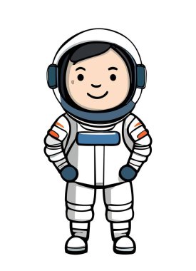 Beyaz uzay giysisinin içinde duran sevimli astronot karakteri. Uzay Teknoloji Konsepti. Düz renkli vektör çizimi beyaz arkaplanda izole edildi.