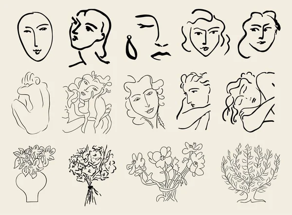 Set Abstract Line Art Drawings Female Nude Silhouettes Faces Flowers — Stock Vector