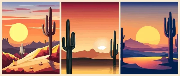 Desert landscape. Vector art illustration of sunset in western desert with cactuses and mountains silhouettes, red sky and sun. Nature Picture for background, card, poster, cover.
