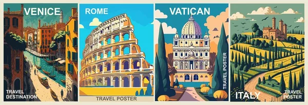 イタリア旅行先のセットレトロスタイルのポスター ローマ バチカン ヴェネツィア イタリアの版画 ヨーロッパの夏休み 休日の概念 ヴィンテージベクトルカラフルなアートイラスト — ストックベクタ