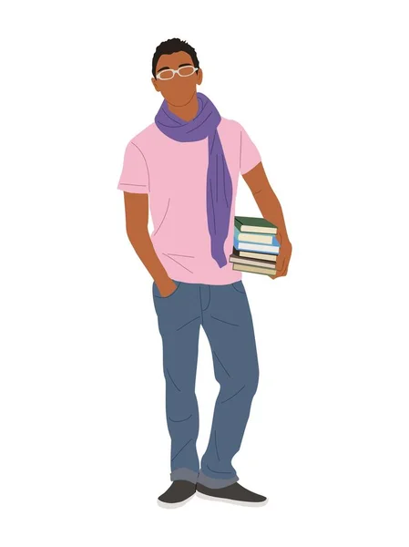 Jeune Homme Collège Étudiant Universitaire Debout Avec Des Livres Beau — Image vectorielle