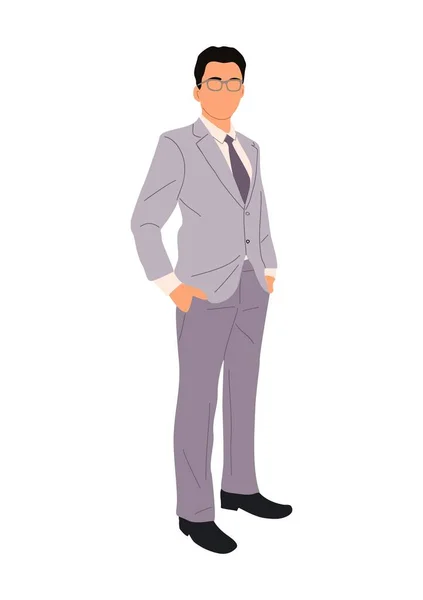 彼のポケットフロントビューに腕で立って正式なスーツ ネクタイや眼鏡を身に着けているビジネスマンの文字 アジア人のビジネスマンだ 白い背景に切り取られたベクトル現実的なイラスト — ストックベクタ