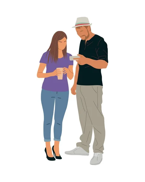 スマートフォンを使っている若いカップル ビジネスの男性と女性の電話を保持し 話をし ニュースを見て ソーシャルメディアでチャット 女性の漫画のキャラクターベクトル現実的なイラストは白で隔離 — ストックベクタ