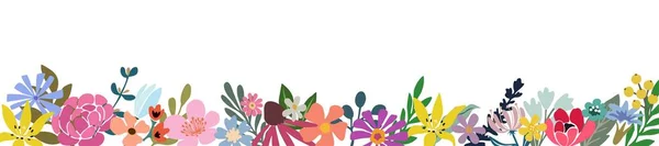 Stock vector Horizontal floral banner, border, backdrop, overlay decorated with gorgeous multicolored blooming flowers and leaves. Summer botanical flat vector illustration isolated on white background.