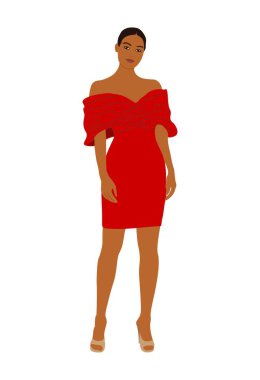 Moda elbisesi içindeki güzel kadın ya da kokteyl partisi, etkinlik. Şık giyinen güzel kız, kırmızı elbise. Beyaz arkaplanda izole edilmiş vektör gerçekçi illüstrasyon