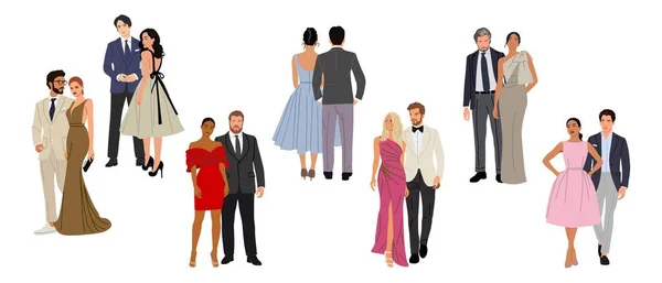 Diverse Multiracial Multinational Couples Wearing Evening Formal Outfits Celebration Wedding — Vector de stock