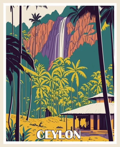Travel Destination Poster Ρετρό Στυλ Κεϋλάνη Σρι Λάνκα Νότια Ασία — Διανυσματικό Αρχείο