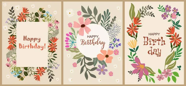 Conjunto Cartões Felicitações Aniversário Moderno Com Belas Flores Flor Desenhadas —  Vetores de Stock