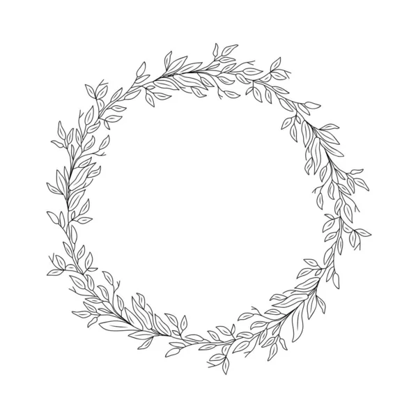 手工绘制的植物花环线艺术矢量在白色背景上孤立 圆形框架 叶为黑色墨水素描风格 精致的婚宴请帖设计 新潮绿地 — 图库矢量图片