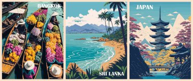 Geçmişe Yolculuk Gidiş Posterleri seti. Bangkok, Tayland, Sri Lanka, Japonya Tokyo baskıları. Egzotik yaz tatili, tatil konsepti. Vintage vektör renkli çizimler.