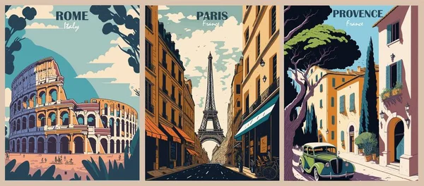 Állítsa Travel Destination Plakátok Retro Stílusban Róma Olaszország Párizs Franciaország — Stock Vector