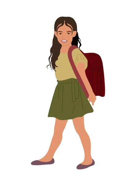 走到小学或中学的女学生带着背包的侧视图 在白色背景上孤立的儿童字符向量说明 回到学校的概念 — 图库矢量图片