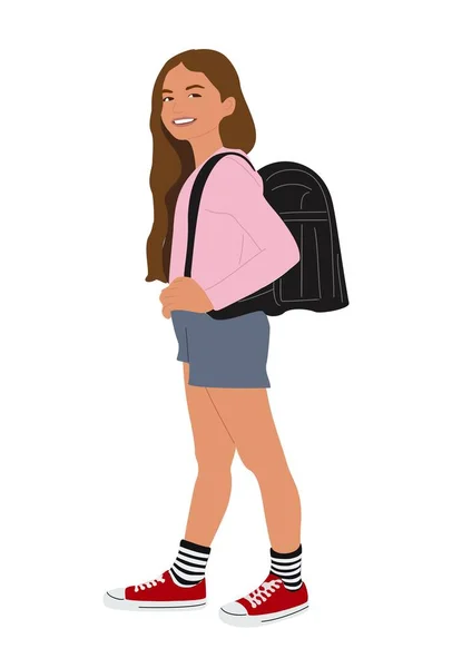 走到小学或中学的女学生带着背包的侧视图 在白色背景上孤立的儿童字符向量说明 回到学校的概念 — 图库矢量图片