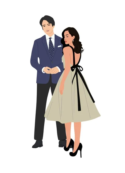お祝い 結婚式 イベント パーティーのための夜の正式な衣装を着て美しい若いカップル 幸せなアジアの男と女で豪華な服ベクトル現実的なイラスト隔離された白い背景 — ストックベクタ