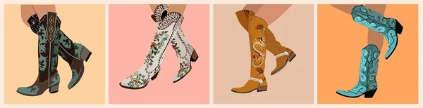 Kovboy Çizmeleri Giymiş Farklı Bacaklar Kovboy Temalı Vahşi Batı Teksas — Stok Vektör