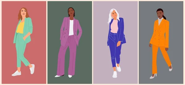 现代商业女性设置 形象逼真的形象体现了多元多种族的卡通人物站在时尚的办公室里 穿着五颜六色的西装 基于互补背景的隔离 — 图库矢量图片
