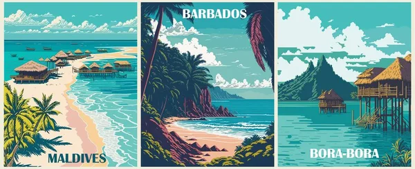 一套复古风格的旅游目的地海报 马尔代夫 巴巴多斯 Bora Bora印刷品 异国情调的暑假 热带海滨度假的概念 古埃及矢量彩色插图 — 图库矢量图片
