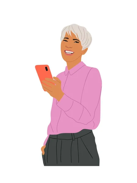 Starsza Bizneswoman Trzyma Używa Telefonu Komórkowego Śliczna Uśmiechnięta Dama Smartfonem — Wektor stockowy