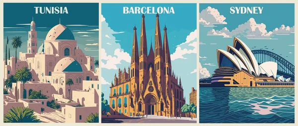 Állítsa Travel Destination Plakátok Retro Stílusban Tunézia Barcelona Spanyolország Sydney — Stock Vector