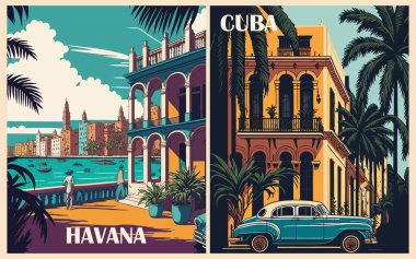 Havana, Küba, Karayip Seyahat Varış Posterleri. Egzotik yaz tatili, uluslararası tatil kavramı. Geleneksel eski binalar, klasik araba ve deniz manzaralı klasik vektör çizimleri.
