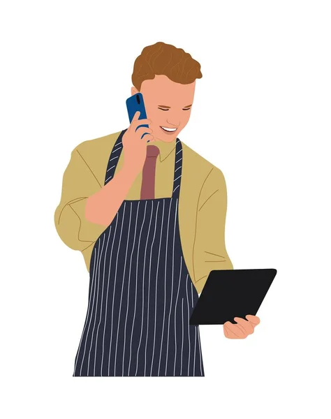 stock vector Handsome man wearing apron holding, using mobile phone and digital tablet. Smiling guy in shirt and tie with smartphone in hands, surfing internet, chatting. Vector realistic illustration isolated.