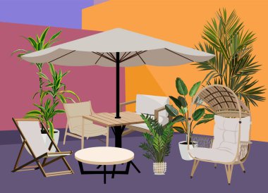 Açık hava mobilyaları, saksı bitkileri olan rahat bir teras. Bahçe bahçesi, iç organları olan veranda, rattan koltuklar, masa, kanepe, şemsiye, egzotik ev bitkileri. Renkli vektör gerçekçi illüstrasyon.