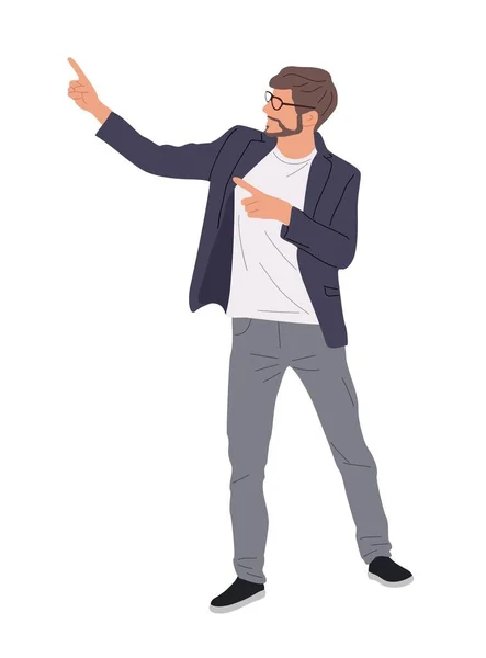 快乐的男人穿着聪明的休闲装 手指指向侧面 做广告 商人卡通人物男性角色向量现实的说明分离的白色背景 — 图库矢量图片