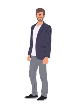 Normal ofis kıyafeti ve ayakta duran gözlükler giyen mutlu bir adam. Sakallı iş adamı çizgi film karakteri vektörü gerçekçi illüstrasyon beyaz arka planda izole edildi.