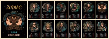 Zodiac calendar template for 2024 . Vertical design with magic female characters. Astrology horoscope vector art illustration page template A3, A2 for wall monthly calendar. Week starts on Sunday. clipart