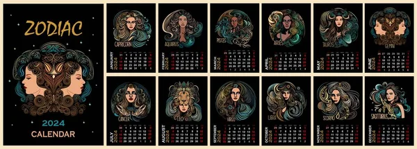 Шаблон Календаря Зодиака 2024 Год Вертикальный Дизайн Волшебными Женскими Персонажами — стоковый вектор