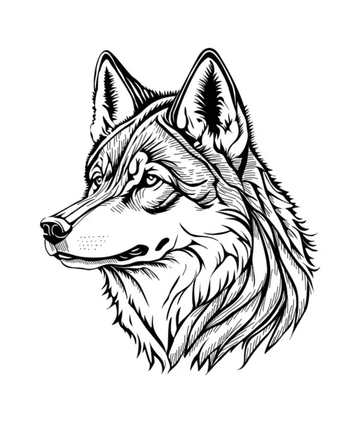 늑대의 머리는 흑백의 스케치 디자인 마스코트 바탕에 빗자루 모양의 그림이 — 스톡 벡터