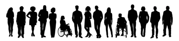多様なビジネスの人々のシルエット 男性と女性の完全な長さ 車椅子に座っている障害者 包括的なビジネスコンセプト 白を基調としたベクトルイラスト — ストックベクタ