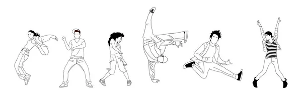 Conjunto Bailarines Adolescentes Hip Hop Esquema Breakdance Dibujo Vectorial Aislado — Vector de stock