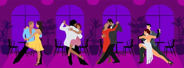 Fiesta Baile Latina Parejas Bailarinas Salsa Bachata Tango Posan Cafetería — Vector de stock