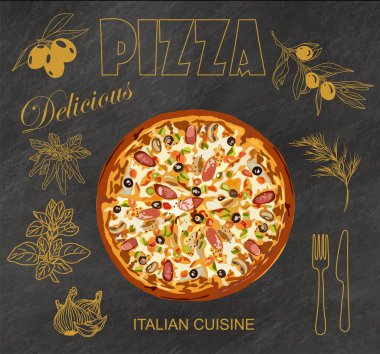 Pizza Delicious Italian cuisine Vintage style hand drawn vector illustration isolated on chalkboard background with line art sketch of olive branches, cutlery, spice and herbs. Menu design elements. clipart