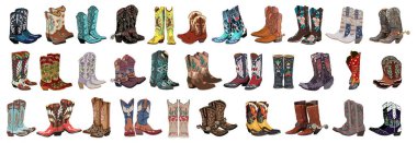Big collection of different cowgirl boots. Traditional western cowboy boots bundle decorated with embroidered wild west ornament. Realistic vector art illustrations isolated on white background. clipart