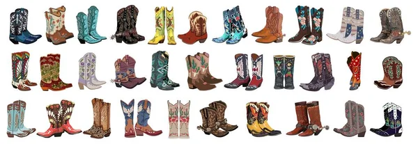 收集了大量不同的牛仔女靴传统的西部牛仔靴束装饰有刺绣野生西部饰物 在白色背景下孤立的现实矢量艺术图解 — 图库矢量图片