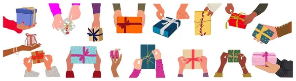 Различные Женские Мужские Руки Подарочными Коробками День Рождения Юбилей Рождественские — стоковый вектор