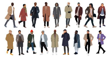 Farklı adamlar palto giyiyor, şık bir sonbahar, kışlık kalın elbiseler. Ayakta duran ve uzun süre yürüyen erkek karakterlerden oluşan büyük bir kolleksiyon. Beyaz arkaplanda izole edilmiş vektör gerçekçi illüstrasyon.
