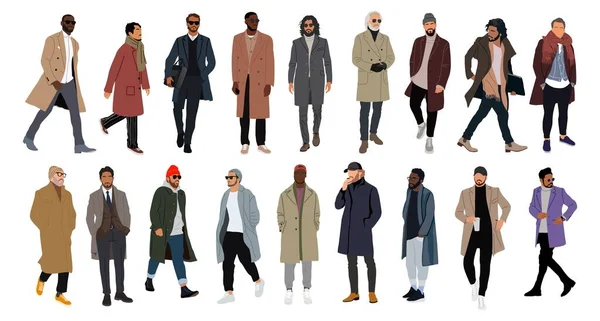 Különböző Férfiak Kabátban Stílusos Ősszel Téli Meleg Ruhákban Nagy Gyűjteménye — Stock Vector