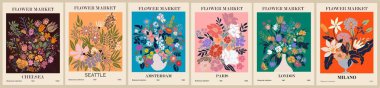 Set of abstract Flower Market posters. Trendy botanical wall arts with floral design in bright colors. Modern naive groovy funky interior decorations, paintings. Vector art illustration.