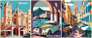 Geçmişe Yolculuk Gidiş Posterleri seti. Monte Carlo, tarihi binaların olduğu Monako baskıları, klasik araba, deniz plajı. Avrupa yaz tatili, tatil konsepti. Vektör renkli illüstrasyon.