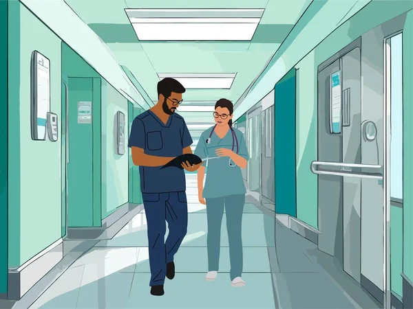 Pareja Trabajadores Médicos Médicos Enfermeras Caminando Por Moderno Pasillo Del — Vector de stock