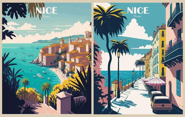Állítsa Travel Destination Plakátok Retro Stílusban Szép Franciaország Nyomtat Történelmi — Stock Vector